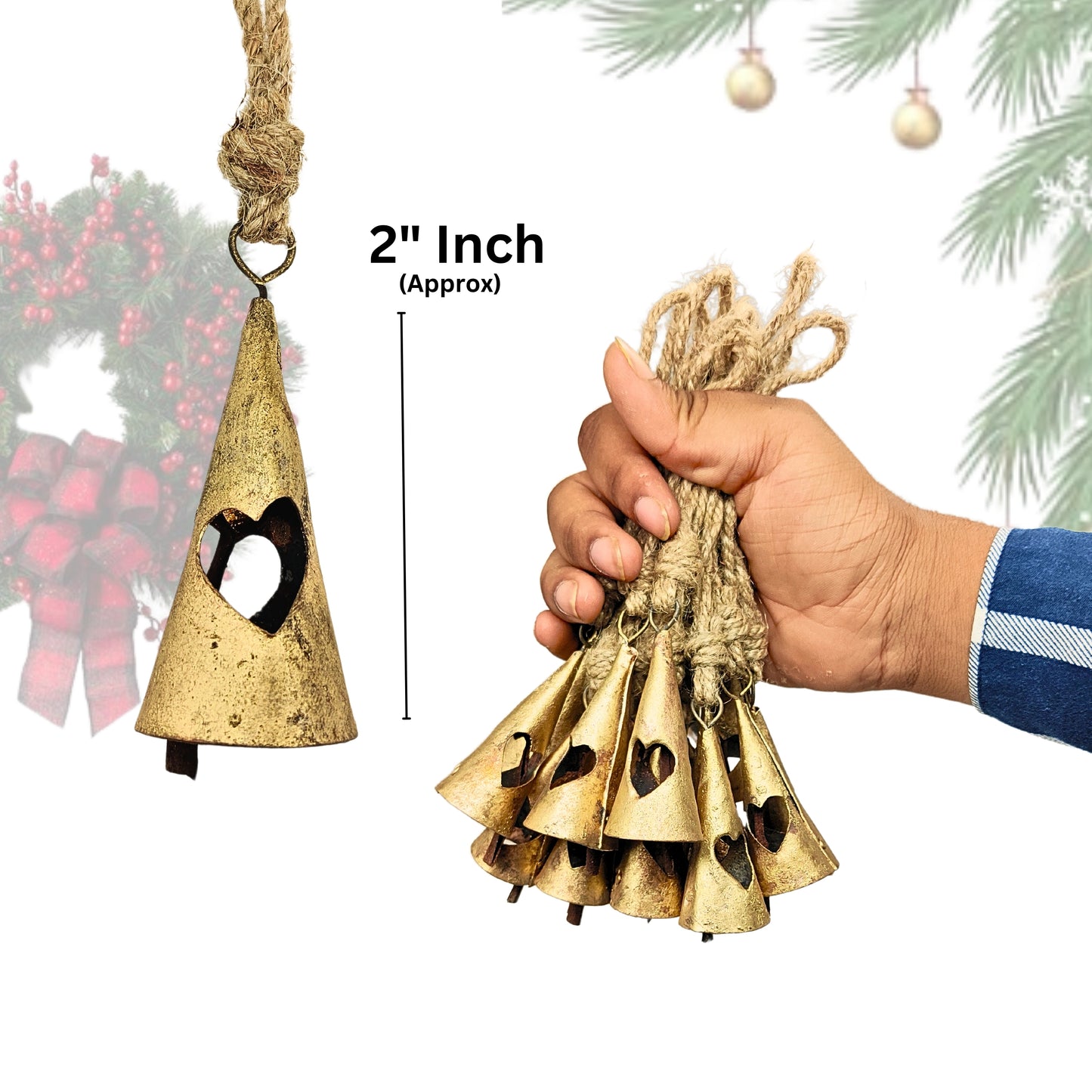 Handmade Rustic Christmas Hanging Jingle Bells, Brass Coated Country Style bells with Jute Rope