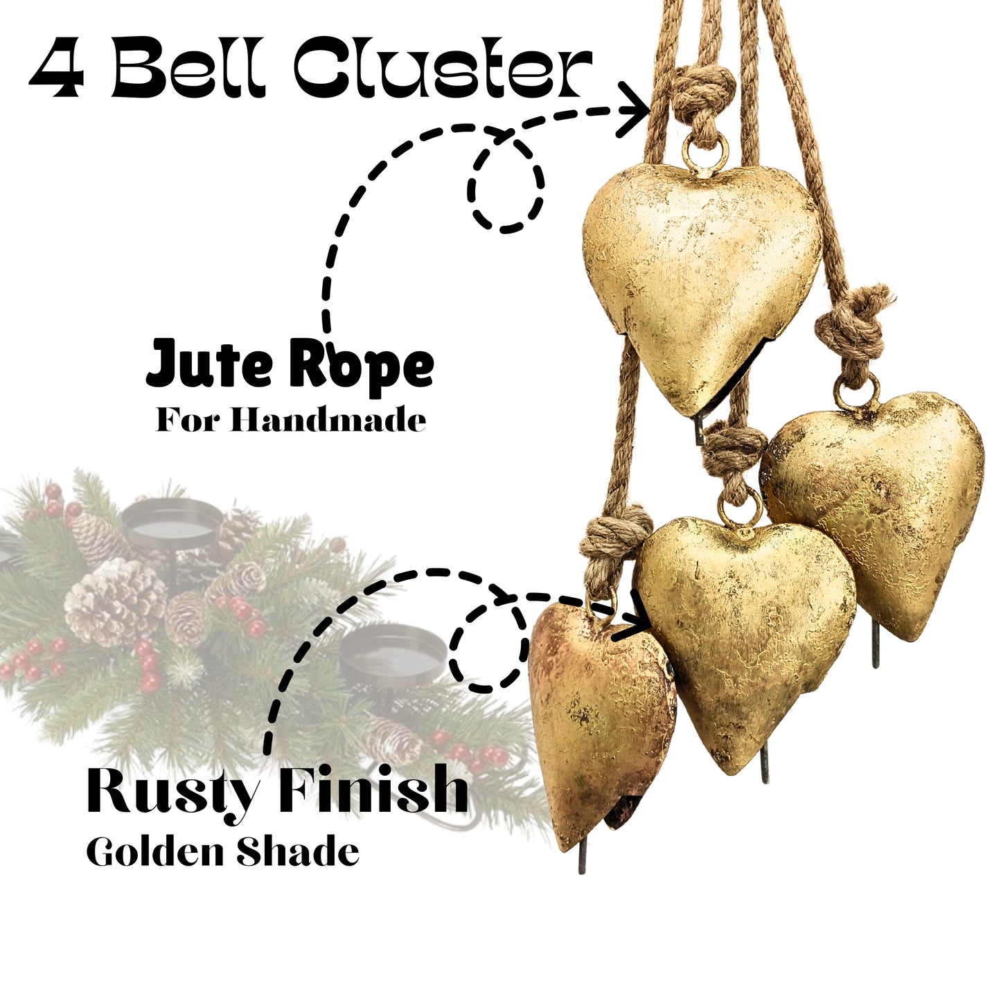 Handmade Vintage Heart Shape Bells Cluster of 4, crafted using timeless traditional methods, Brass Coated Rustic Cow bells Cluster