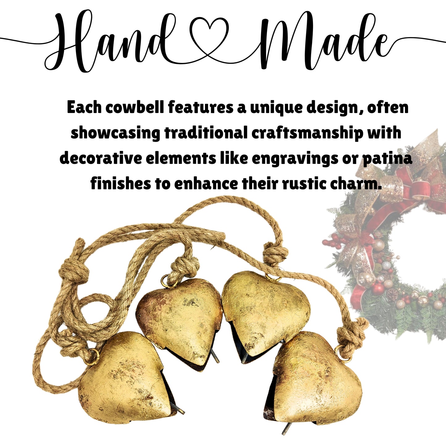 Handmade Vintage Heart Shape Bells Cluster of 4, crafted using timeless traditional methods, Brass Coated Rustic Cow bells Cluster