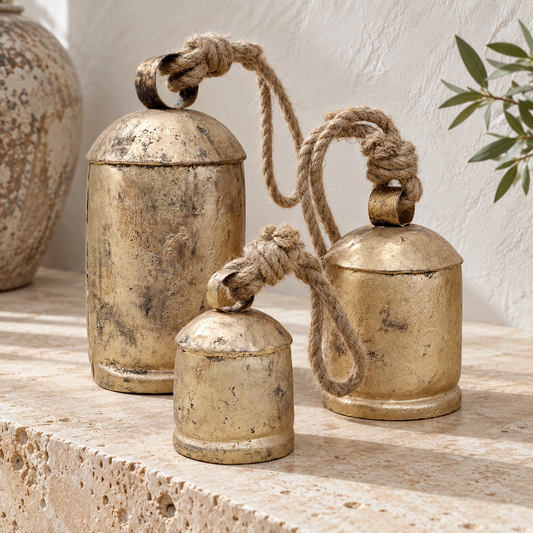Close view of the textured finish of a handmade rustic bell