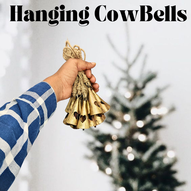 Handmade Rustic Christmas Hanging Jingle Bells, Brass Coated Country Style bells with Jute Rope