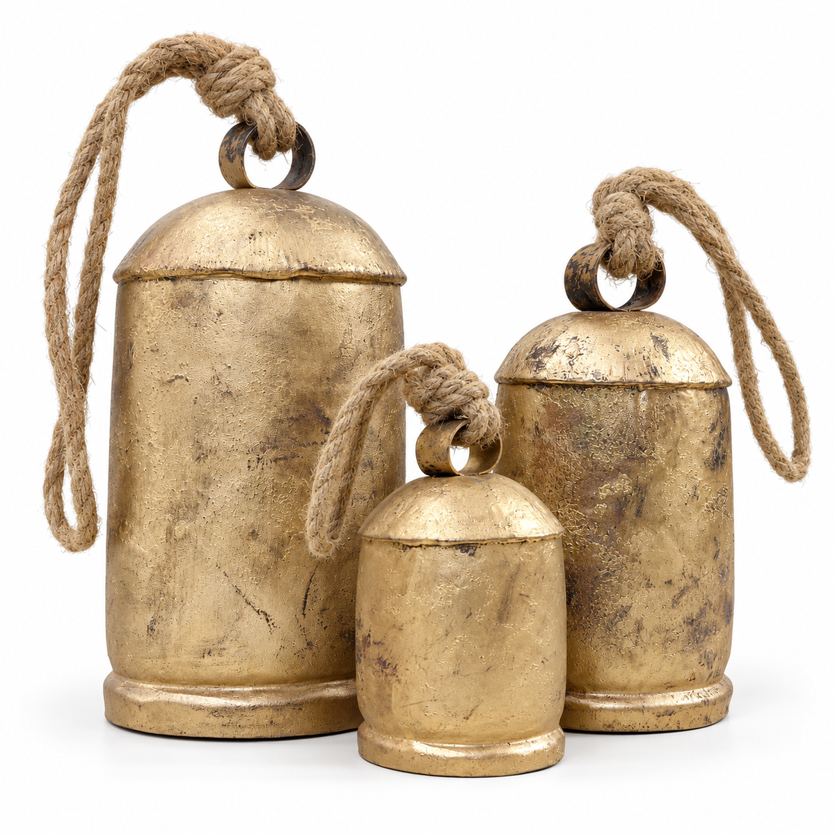Large Rustic Bells — Set of 3 with a rustic gold-tone finish and natural jute ropes