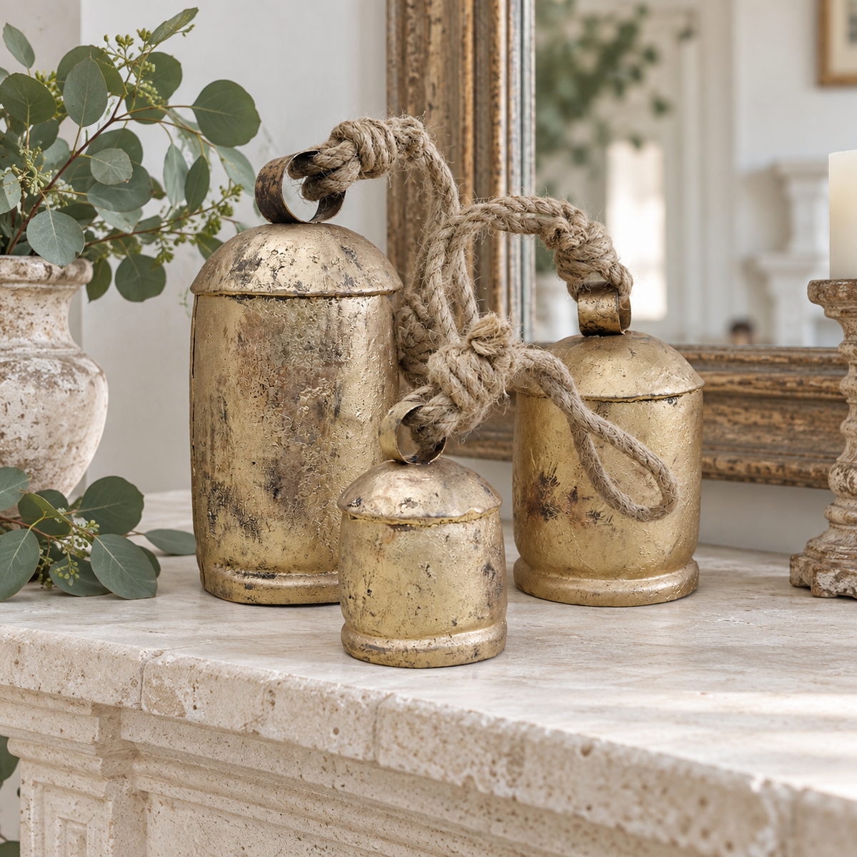 Graduated Rustic Bells — Set of 3 with a rustic gold-tone finish and natural jute ropes