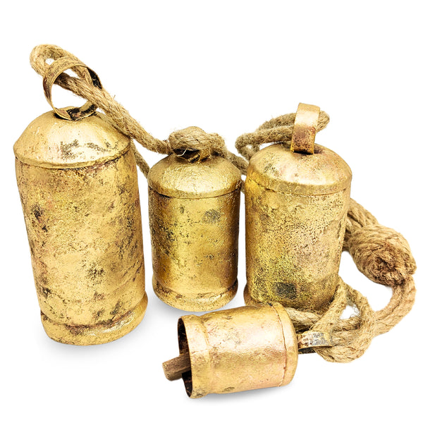 Handmade Vintage Bells Cluster of 4, crafted using timeless traditional methods, Brass Coated Rustic Cow bells Cluster