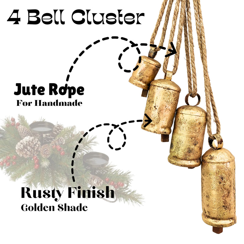 Handmade Vintage Bells Cluster of 4, crafted using timeless traditional methods, Brass Coated Rustic Cow bells Cluster