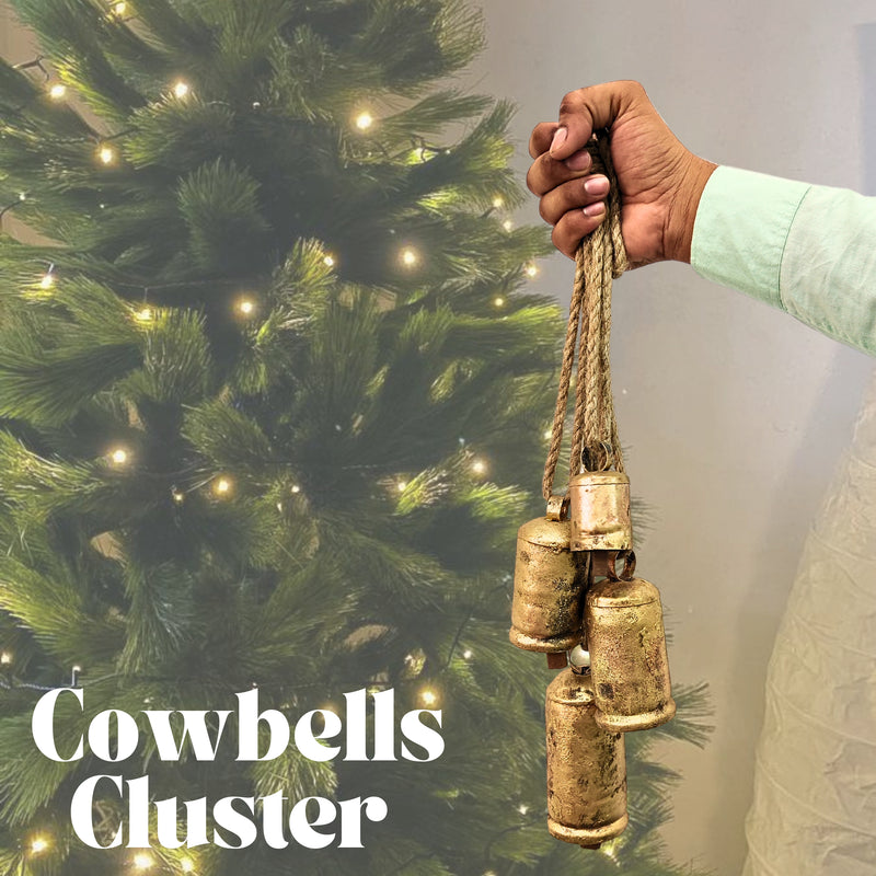 Handmade Vintage Bells Cluster of 4, crafted using timeless traditional methods, Brass Coated Rustic Cow bells Cluster