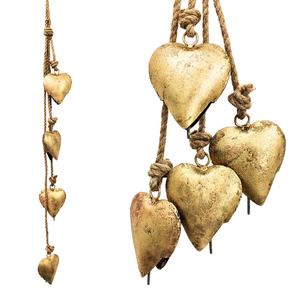 Handmade Vintage Heart Shape Bells Cluster of 4, crafted using timeless traditional methods, Brass Coated Rustic Cow bells Cluster