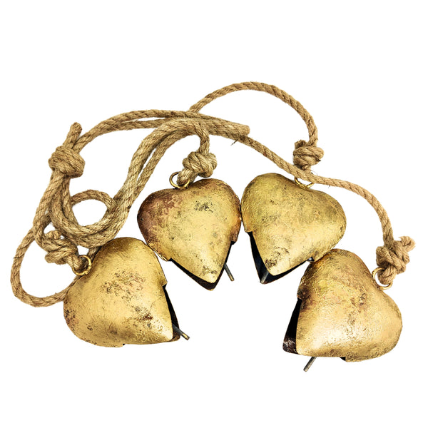 Handmade Vintage Heart Shape Bells Cluster of 4, crafted using timeless traditional methods, Brass Coated Rustic Cow bells Cluster