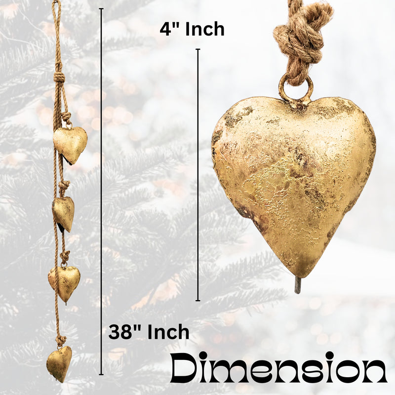 Handmade Vintage Heart Shape Bells Cluster of 4, crafted using timeless traditional methods, Brass Coated Rustic Cow bells Cluster