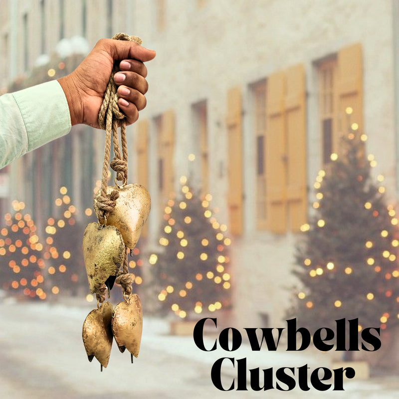 Handmade Vintage Heart Shape Bells Cluster of 4, crafted using timeless traditional methods, Brass Coated Rustic Cow bells Cluster