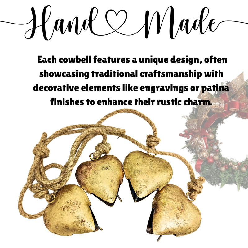 Handmade Vintage Heart Shape Bells Cluster of 4, crafted using timeless traditional methods, Brass Coated Rustic Cow bells Cluster