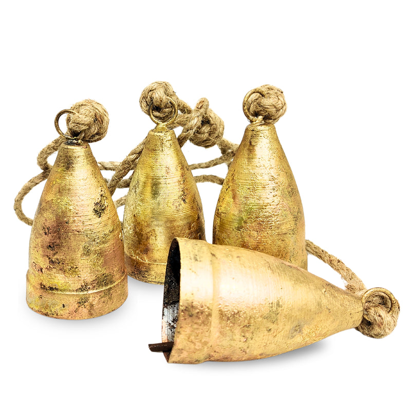 Handmade Vintage Bells Cluster of 4, crafted using timeless traditional methods, Brass Coated Rustic Cow bells Cluster