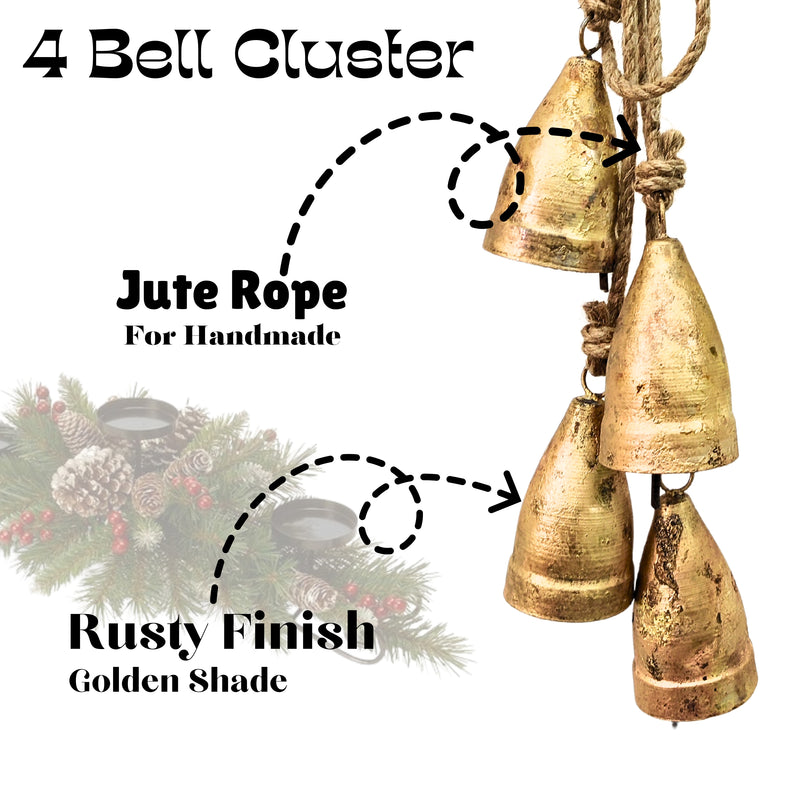 Handmade Vintage Bells Cluster of 4, crafted using timeless traditional methods, Brass Coated Rustic Cow bells Cluster