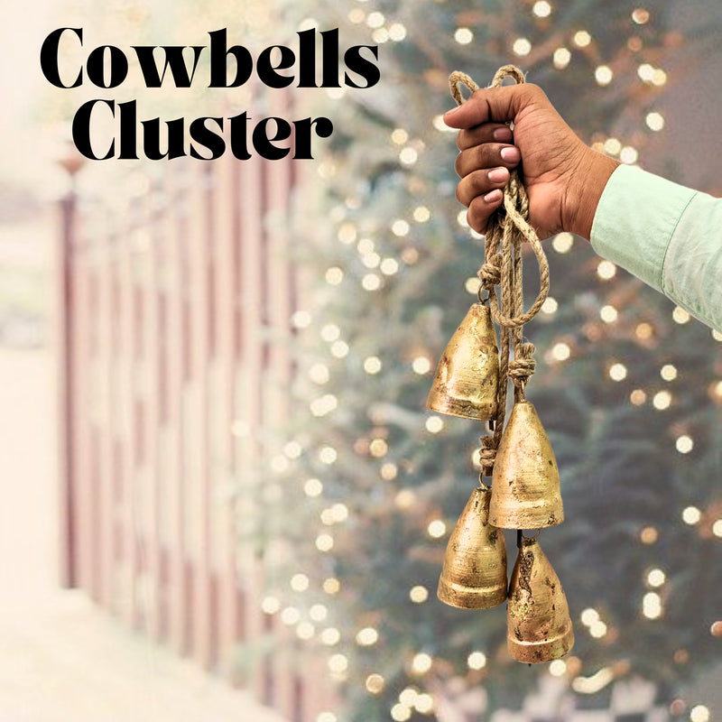 Handmade Vintage Bells Cluster of 4, crafted using timeless traditional methods, Brass Coated Rustic Cow bells Cluster