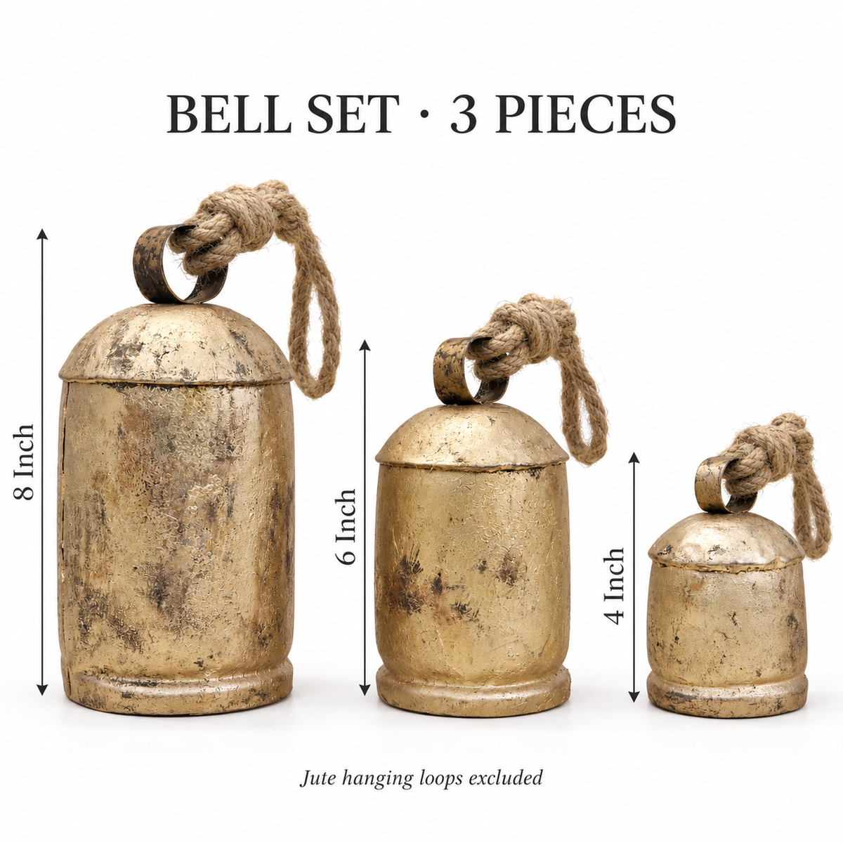 Graduated Rustic Bells — Set of 3 with a rustic gold-tone finish and natural jute ropes