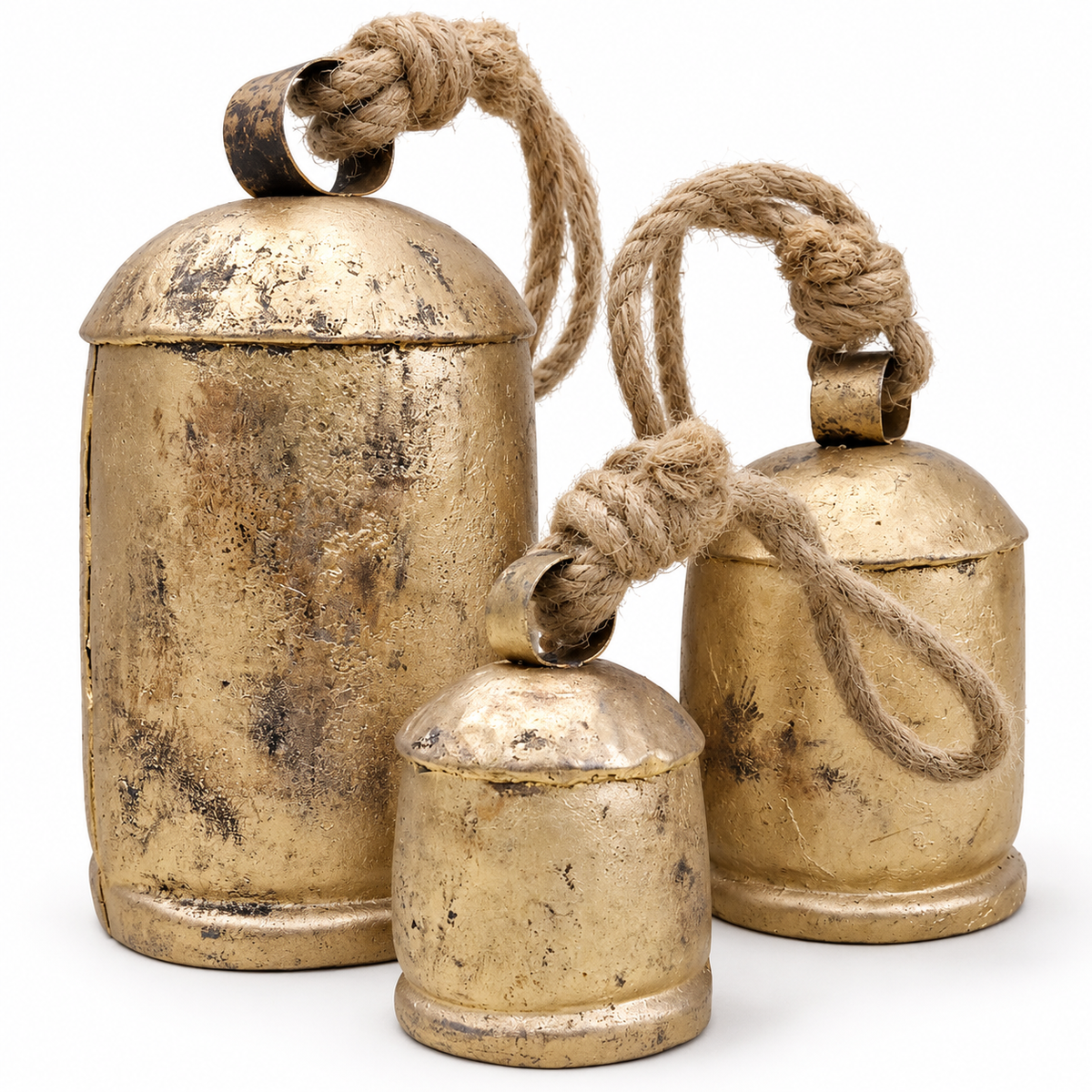 Graduated Rustic Bells — Set of 3 with a rustic gold-tone finish and natural jute ropes
