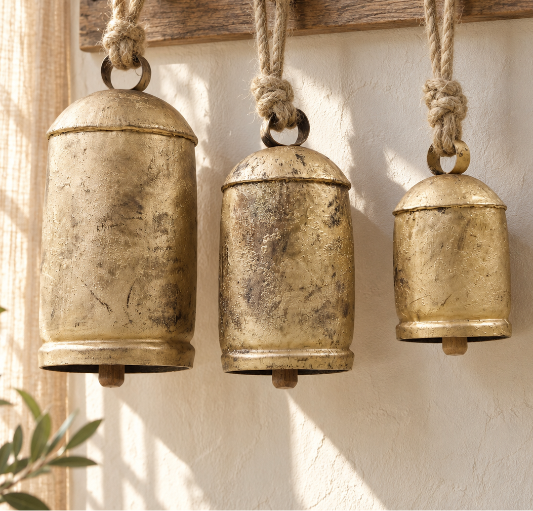 Large Rustic Bells — Set of 3 with a rustic gold-tone finish and natural jute ropes