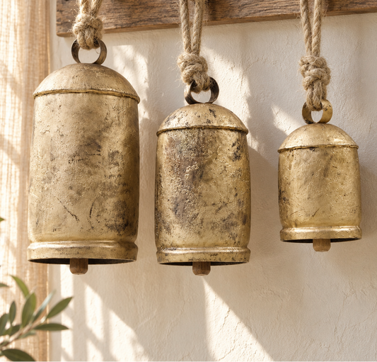 Large Rustic Bells — Set of 3 with a rustic gold-tone finish and natural jute ropes