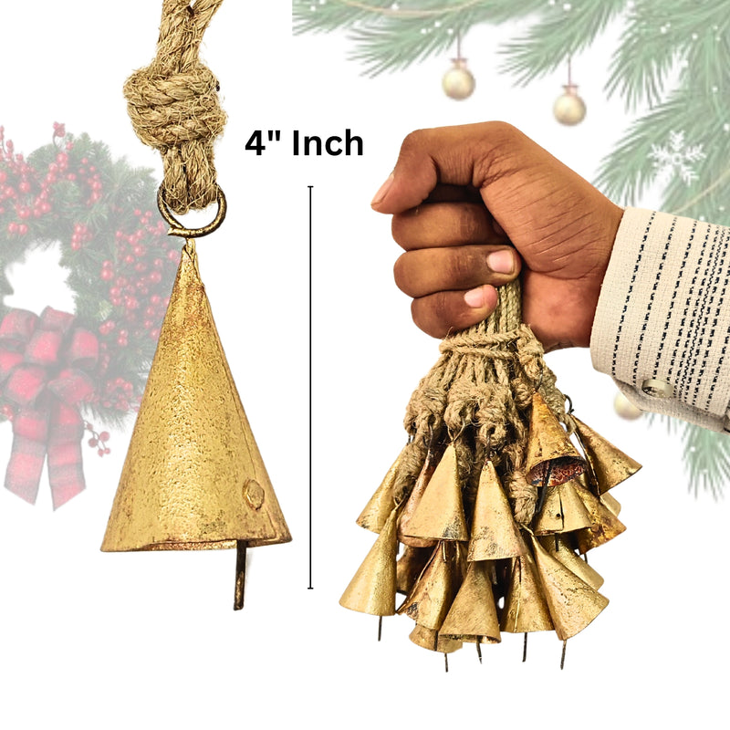 Handmade Rustic Christmas Hanging Jingle Bells, Brass Coated Country Style bells with Jute Rope