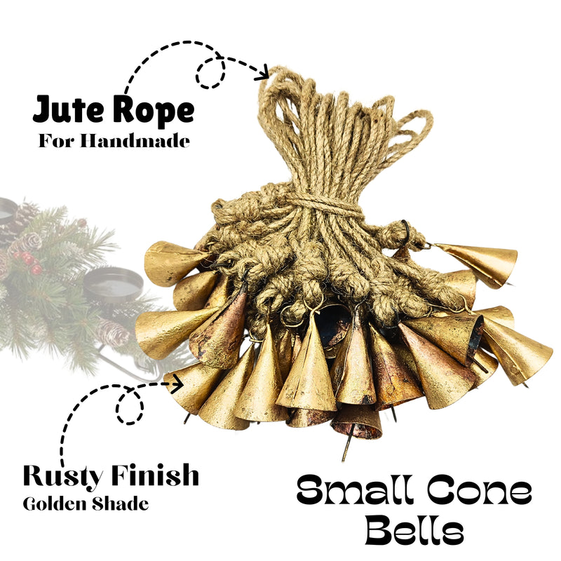 Handmade Rustic Christmas Hanging Jingle Bells, Brass Coated Country Style bells with Jute Rope