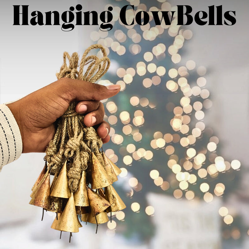 Handmade Rustic Christmas Hanging Jingle Bells, Brass Coated Country Style bells with Jute Rope