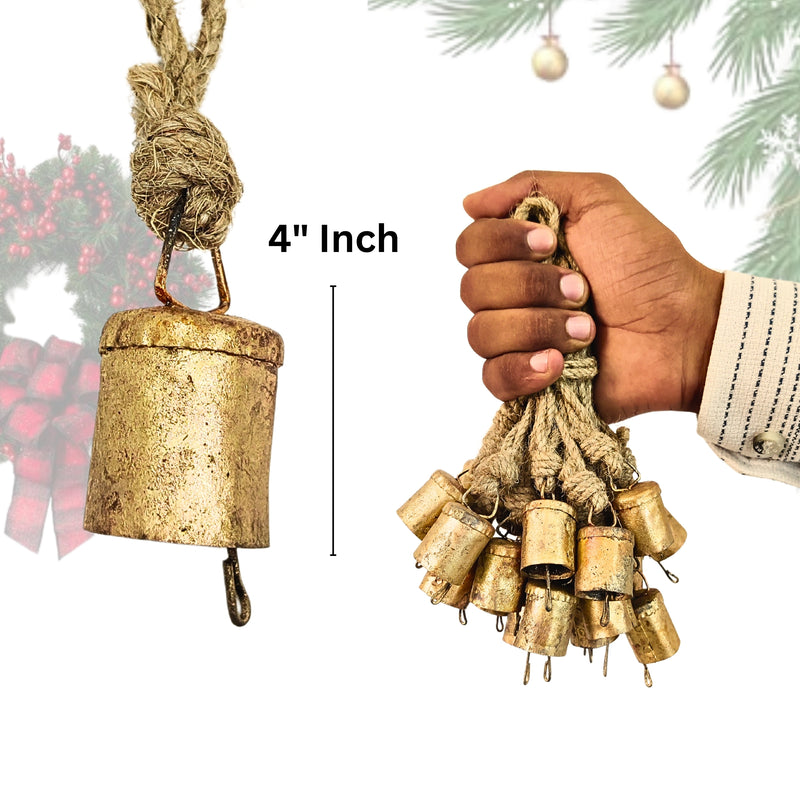 Handmade Rustic Christmas Hanging Jingle Bells, Brass Coated Country Style bells with Jute Rope