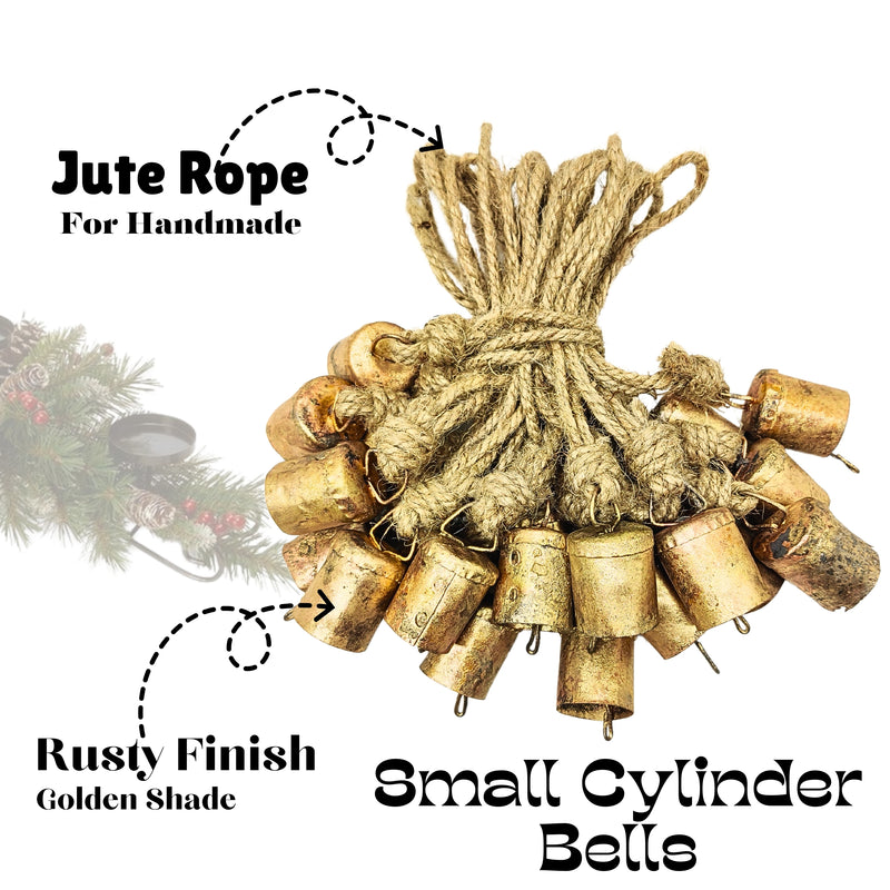 Handmade Rustic Christmas Hanging Jingle Bells, Brass Coated Country Style bells with Jute Rope