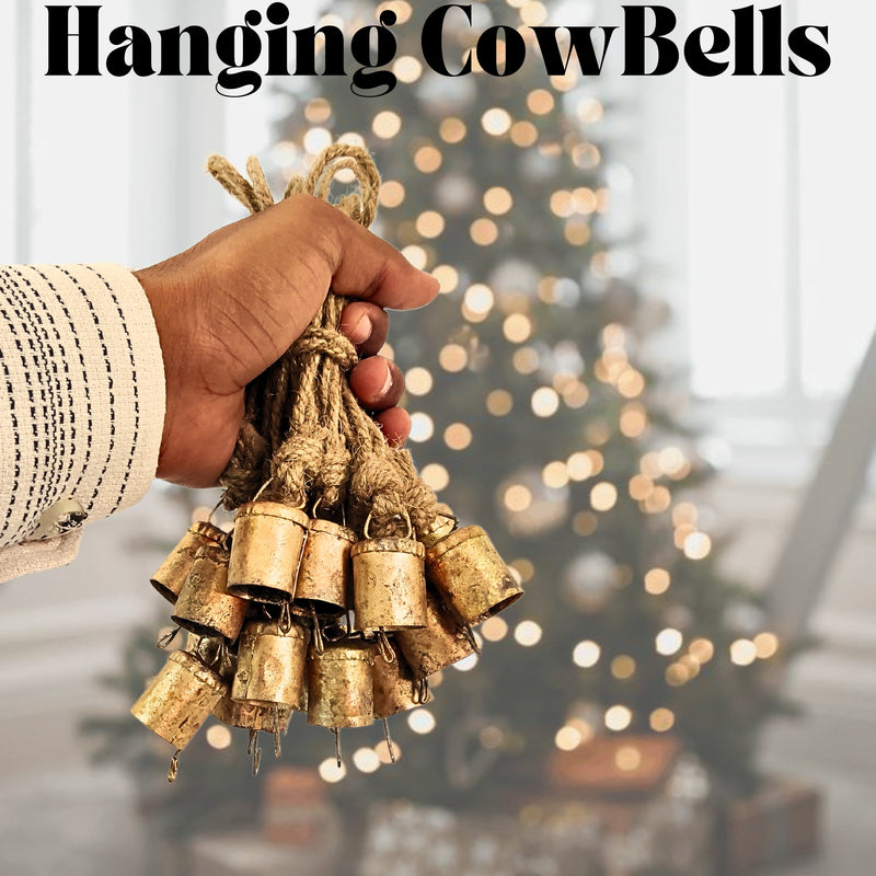 Handmade Rustic Christmas Hanging Jingle Bells, Brass Coated Country Style bells with Jute Rope