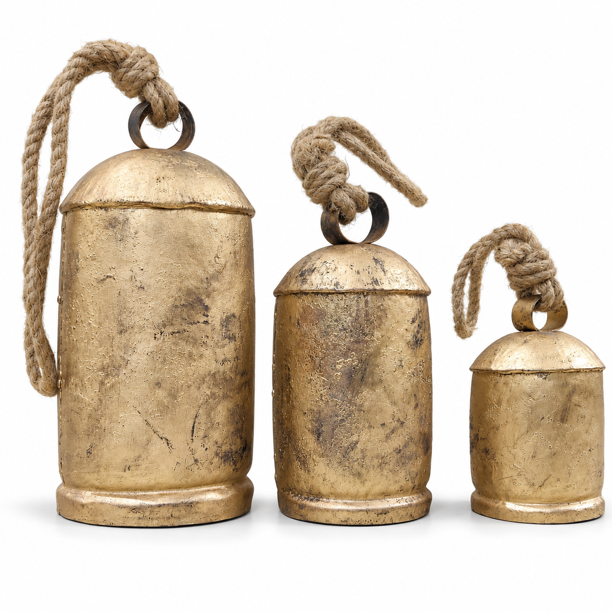 Large Rustic Bells — Set of 3 with a rustic gold-tone finish and natural jute ropes