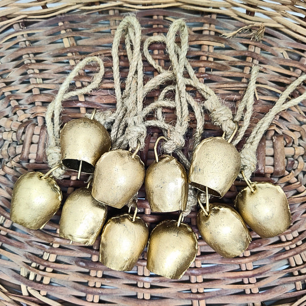 Handmade Rustic Christmas Hanging Jingle Bells, Brass Coated Country Style bells with Jute Rope