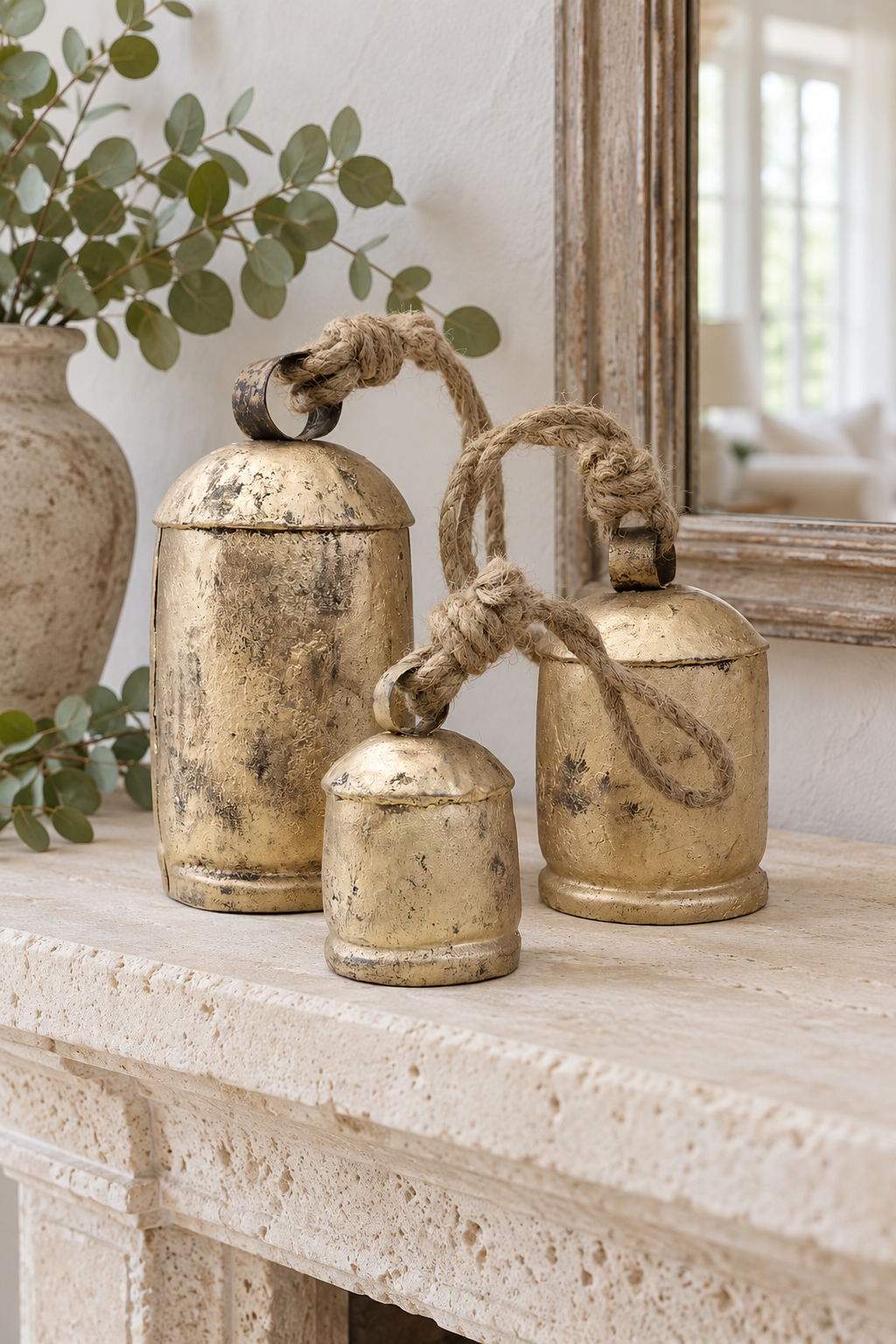 Graduated Rustic Bells — Set of 3 with a rustic gold-tone finish and natural jute ropes