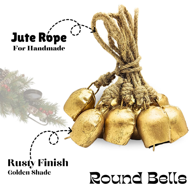 Handmade Rustic Christmas Hanging Jingle Bells, Brass Coated Country Style bells with Jute Rope