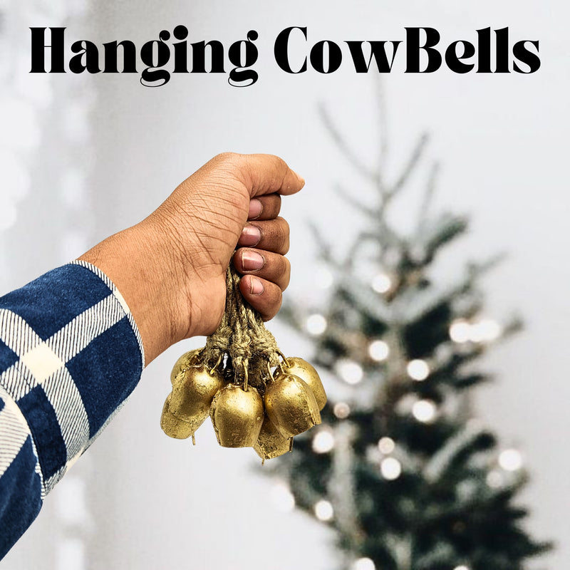 Handmade Rustic Christmas Hanging Jingle Bells, Brass Coated Country Style bells with Jute Rope