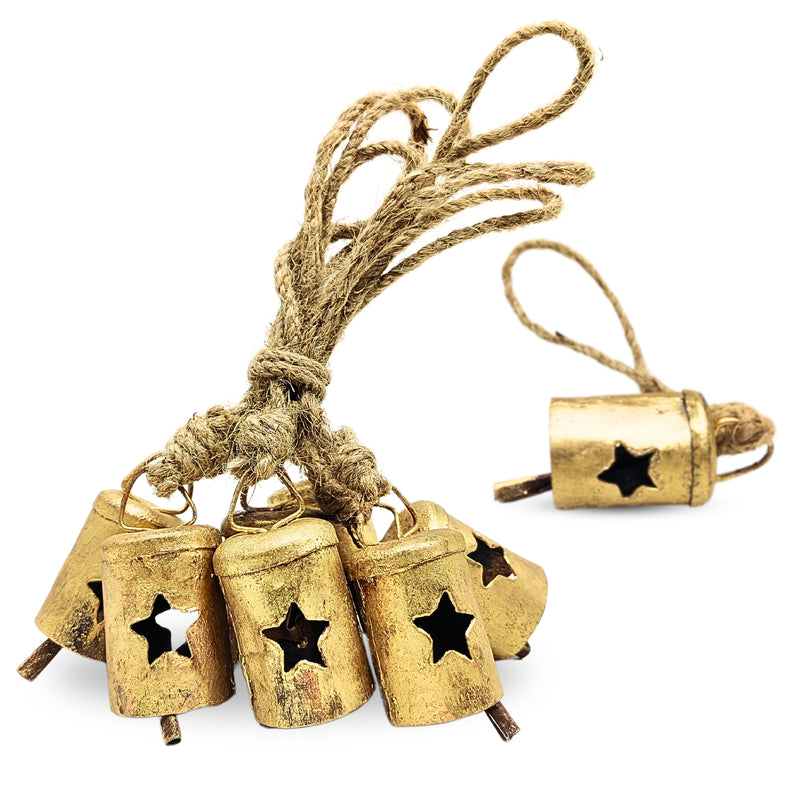 Handmade Rustic Christmas Hanging Jingle Bells, Brass Coated Country Style bells with Jute Rope