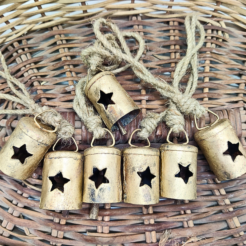 Handmade Rustic Christmas Hanging Jingle Bells, Brass Coated Country Style bells with Jute Rope