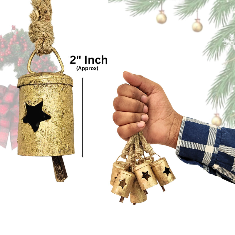 Handmade Rustic Christmas Hanging Jingle Bells, Brass Coated Country Style bells with Jute Rope