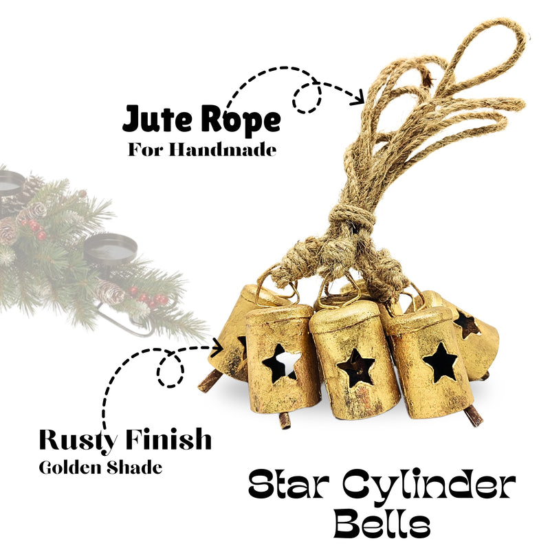 Handmade Rustic Christmas Hanging Jingle Bells, Brass Coated Country Style bells with Jute Rope