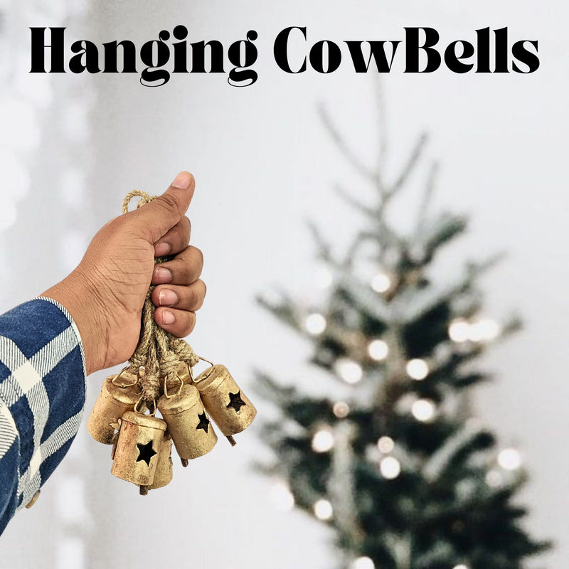 Handmade Rustic Christmas Hanging Jingle Bells, Brass Coated Country Style bells with Jute Rope