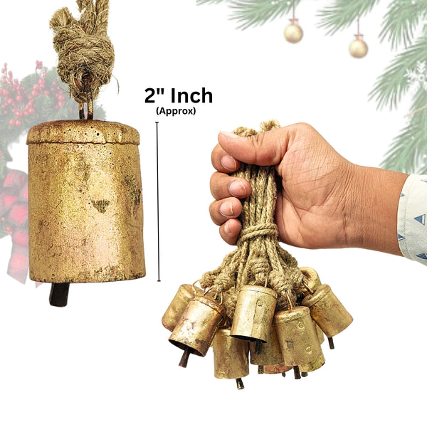 Handmade Rustic Christmas Hanging Jingle Bells, Brass Coated Country Style bells with Jute Rope