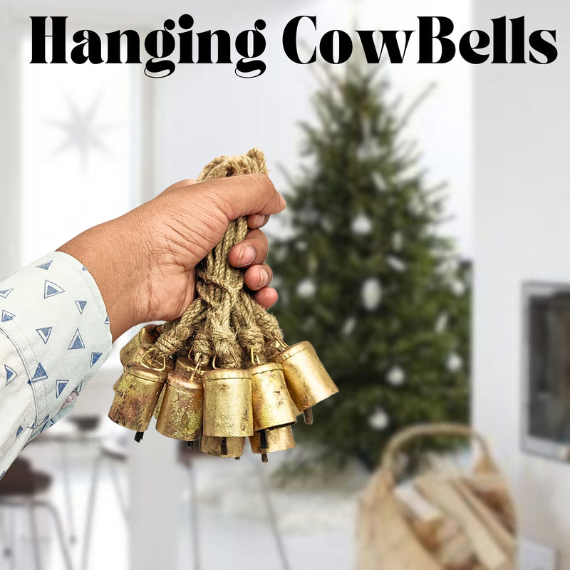 Handmade Rustic Christmas Hanging Jingle Bells, Brass Coated Country Style bells with Jute Rope