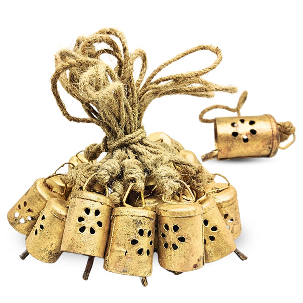 Handmade Rustic Christmas Hanging Jingle Bells, Brass Coated Country Style bells with Jute Rope