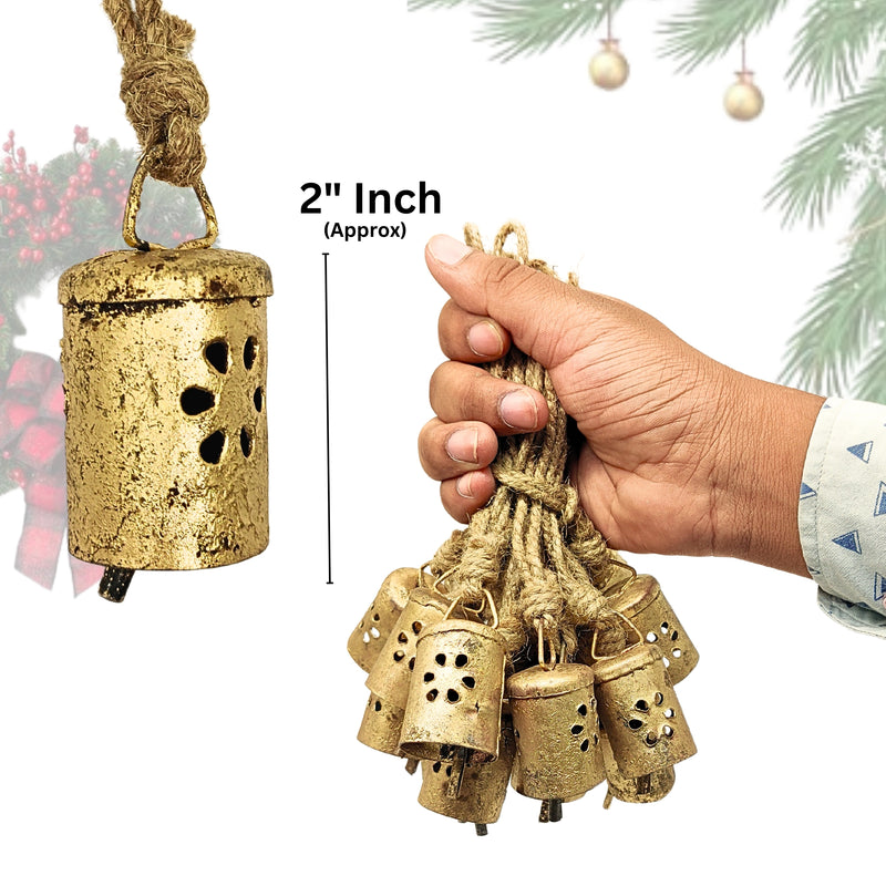 Handmade Rustic Christmas Hanging Jingle Bells, Brass Coated Country Style bells with Jute Rope