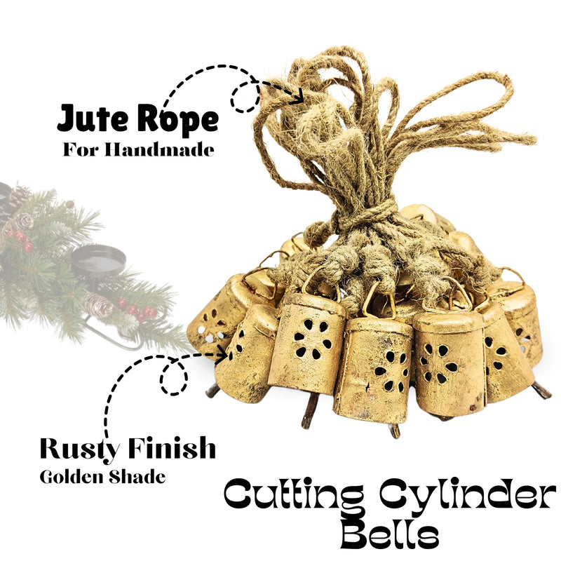 Handmade Rustic Christmas Hanging Jingle Bells, Brass Coated Country Style bells with Jute Rope