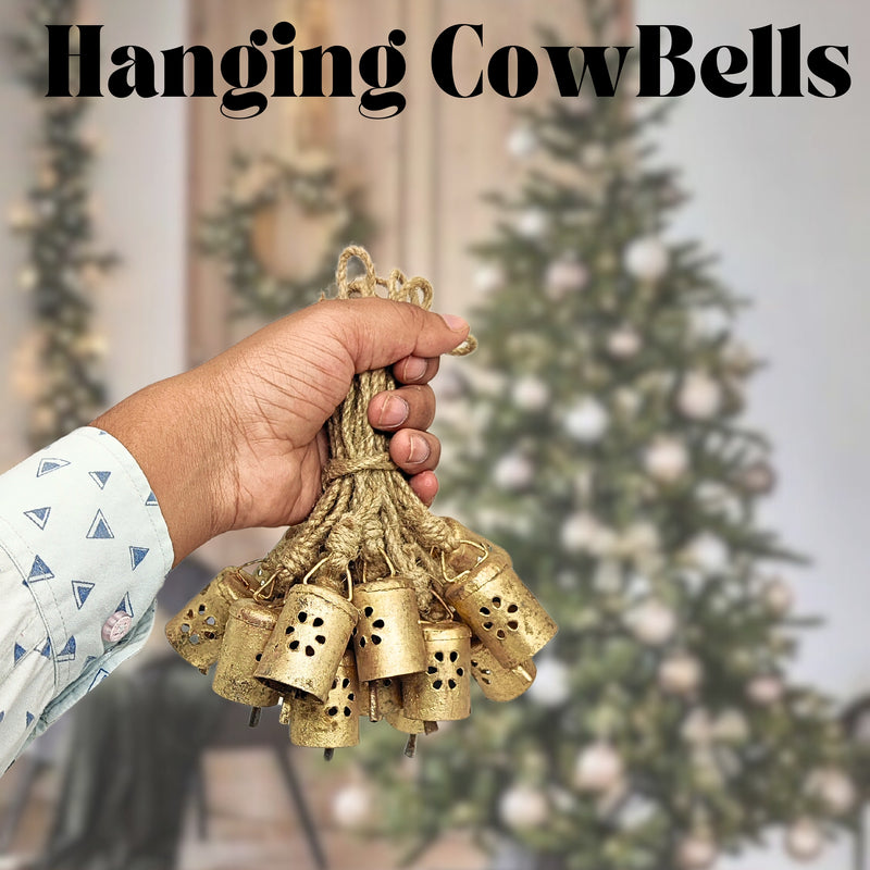 Handmade Rustic Christmas Hanging Jingle Bells, Brass Coated Country Style bells with Jute Rope