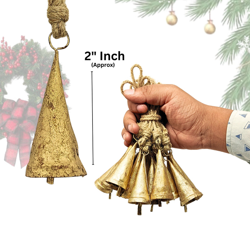 Handmade Rustic Christmas Hanging Jingle Bells, Brass Coated Country Style bells with Jute Rope