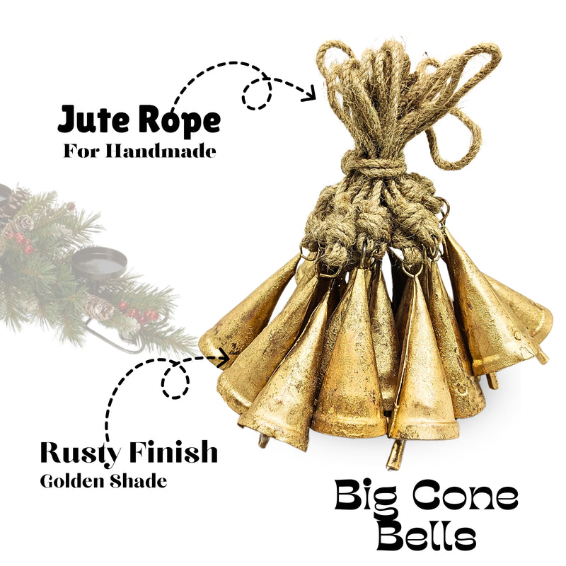 Handmade Rustic Christmas Hanging Jingle Bells, Brass Coated Country Style bells with Jute Rope