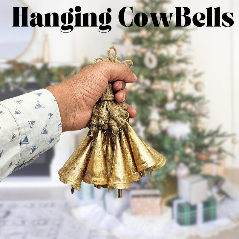 Handmade Rustic Christmas Hanging Jingle Bells, Brass Coated Country Style bells with Jute Rope