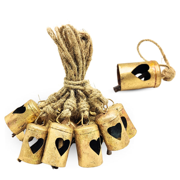 Handmade Rustic Christmas Hanging Jingle Bells, Brass Coated Country Style bells with Jute Rope