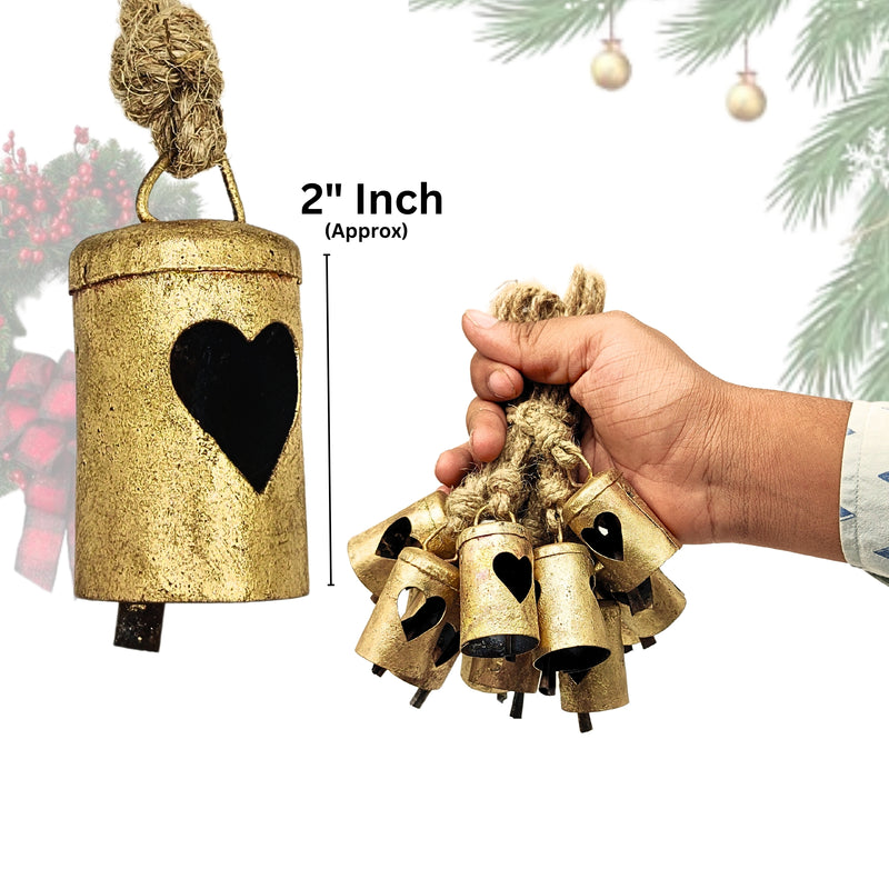 Handmade Rustic Christmas Hanging Jingle Bells, Brass Coated Country Style bells with Jute Rope