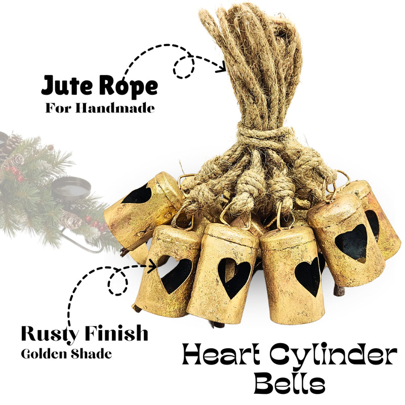 Handmade Rustic Christmas Hanging Jingle Bells, Brass Coated Country Style bells with Jute Rope